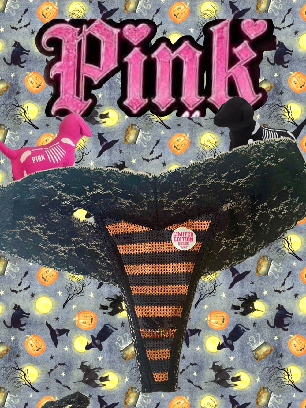 PINK Low Rise Lace Side Thong Vintage Y2K Victoria's Secret Halloween Ltd Ed MED